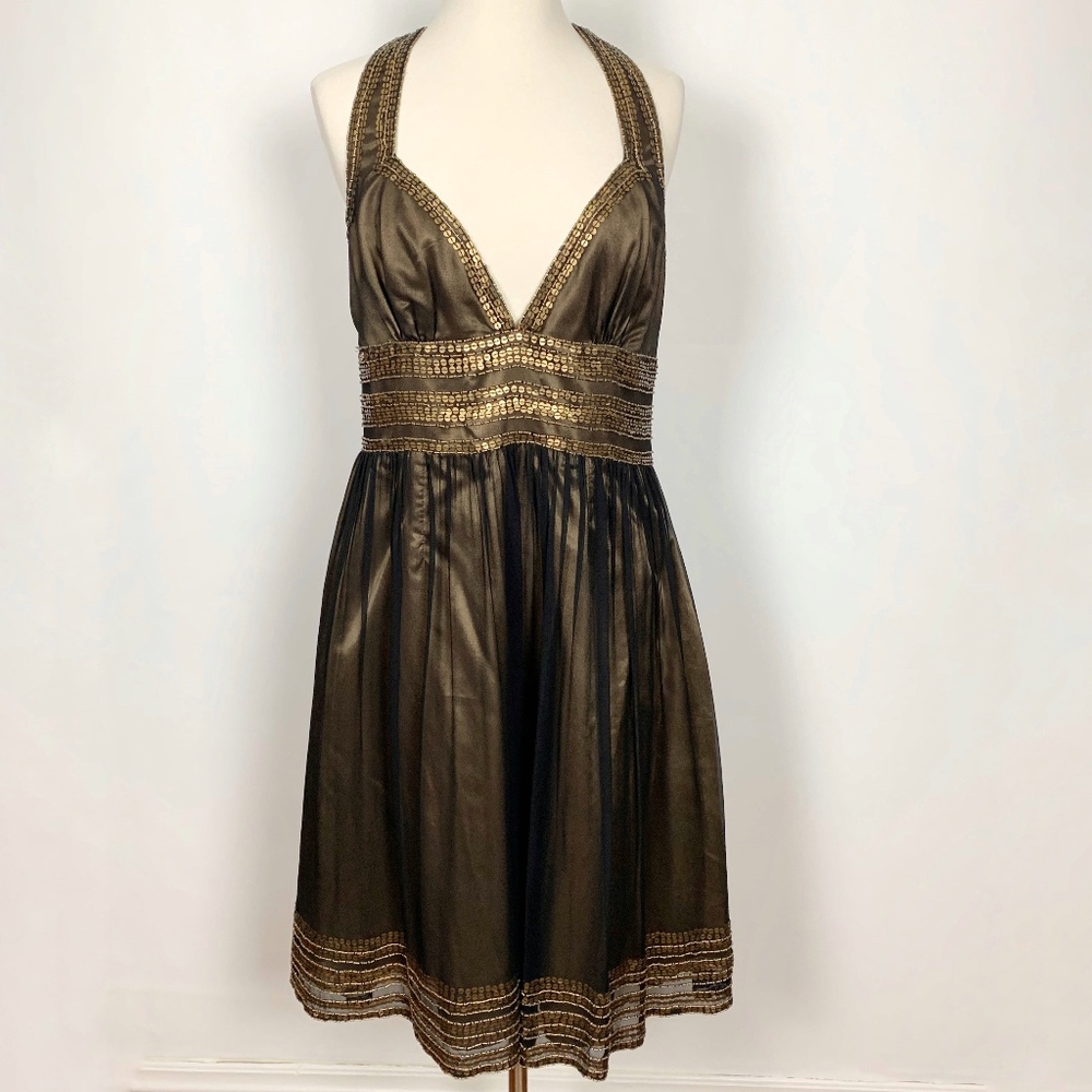 Adrianna Papell Bronze Bead & Sequin Halter Dress